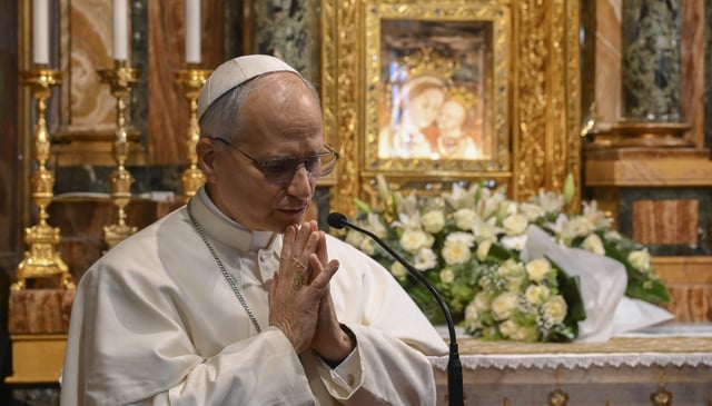 GENAZZANO – ROME, ITALY – MAY 10: (EDITOR NOTE: STRICTLY EDITORIAL USE ONLY – NO MERCHANDISING). Pope Leo XIV (formerly Robert Francis Prevost) pays a visit to the Shrine of the Mother of Good Counsel in Genazzano, just outside Rome on May 10, 2025 in Genazzano Rome, Italy. For his first trip outside the Vatican, Pope Leo XIV chose to visit the Shrine of the Mother of Good Counsel in Genazzano, just outside Rome. Pope Leo visited the shrine, which has been run by the Augustinians since 1200, at around 4pm for a private visit. (Photo by Francesco Sforza Vatican Media via  Vatican Pool/Getty Images)