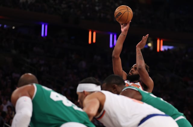 Mitchell Robinson #23 of the New York Knicks shoots a foul shot against the Boston Celtics during game Three of the Eastern Conference Second Round NBA Playoffs at Madison Square Garden on May 10, 2025 in New York City.