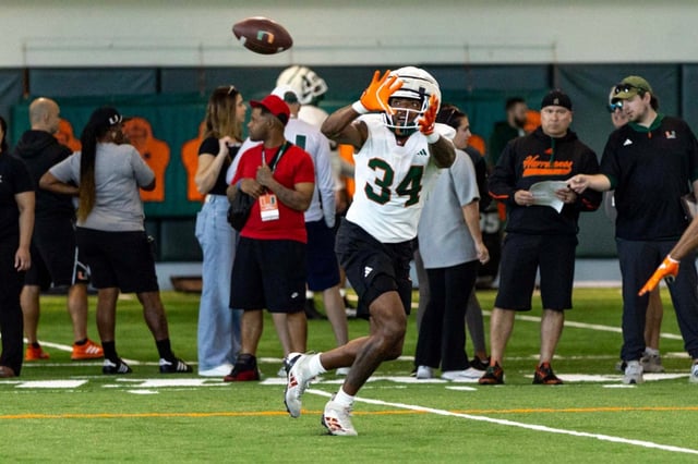 Miami Hurricanes linebacker Adarius Hayes (34) catches a pass during spring practice at the Carol Soffer Indoor Practice Facility at the University of Miami on March 5, 2025, in Coral Gables, Florida. (D.A. Varela / Miami Herald)