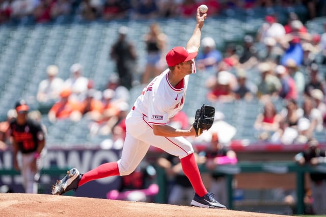 Angels starting pitcher Tyler Anderson delivers during the first inning of a baseball game against the Baltimore Orioles, Sunday, May 11, 2025, in Anaheim, Calif. (AP Photo/Eric Thayer)