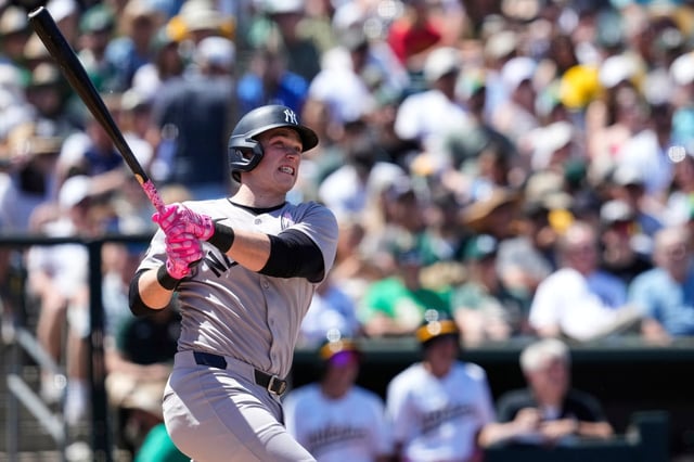 New York Yankees&#39; Ben Rice hits a grand slam during the fifth inning of a baseball game against the Athletics, Sunday, May 11, 2025, in West Sacramento, Calif. (AP Photo/Godofredo A. Vásquez)