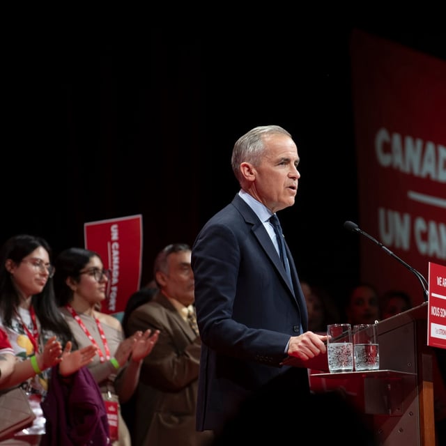 Prime Minister elect Mark Carney thanks his supporters after winning the federal election on April 28, 2025. The Liberal Party of Canada held an election night gathering at TD Place in Ottawa, not far from Carney’s riding in Nepean. (Fred Lum/The Globe and Mail)