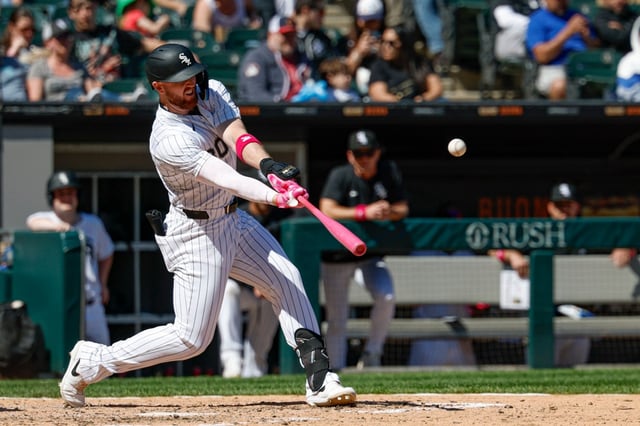 Chicago White Sox’s Tim Elko hits a three-run home run against the Miami Marlins during the sixth inning of a baseball game Sunday, May 11, 2025, in Chicago. (AP Photo/Kamil Krzaczynski)
