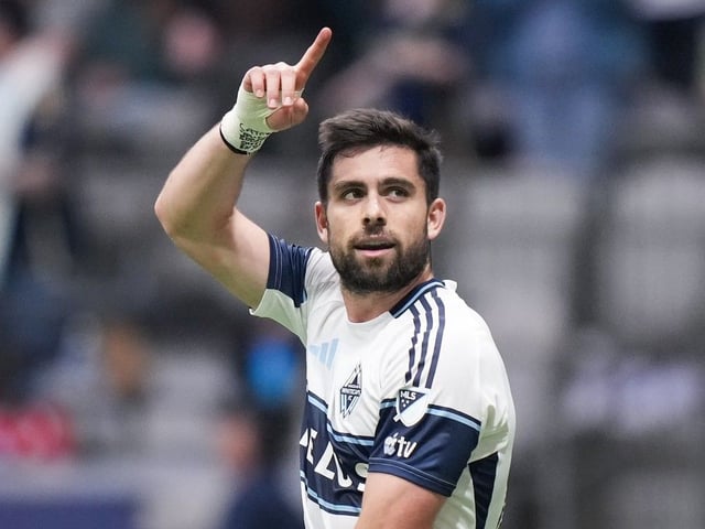  Vancouver Whitecaps’ Brian White celebrates his second goal against Los Angeles FC during the second half on Sunday