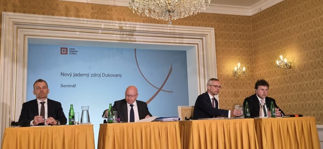 Daniel Benes (2nd from L), chief executive officer (CEO) of the Czech Republic's state-run energy company CEZ, holds a press briefing with other company officials in Prague on May 7, 2025. (Pool photo) (Yonhap) 