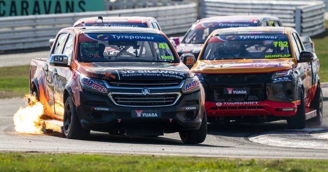Action at the 2025 V8 SuperUte Series race at Symmons Plains. Picture by Phillip Biggs