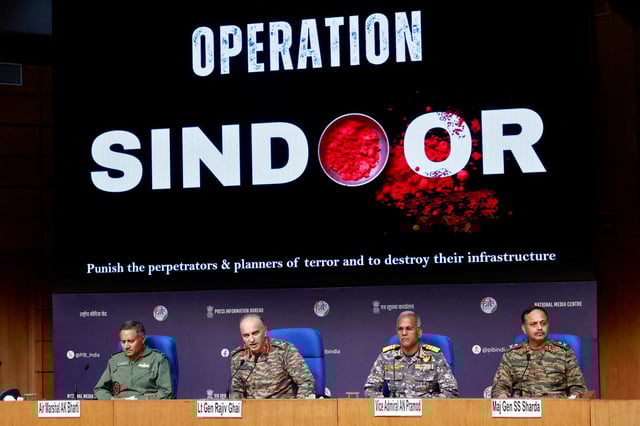 Air Marshal AK Bharti, Lieutenant General Rajiv Ghai, Vice Admiral AN Pramod and Major General SS Sharda attend a press briefing at the National Media Centre in New Delhi, India, May 11, 2025. REUTERS/Priyanshu Singh