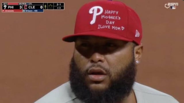 Philadelphia Phillies pitcher Jose Alvarado wrote a message on his hat for Mother's Day.