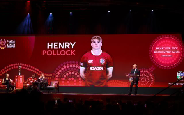 Rugby Union - British & Irish Lions Squad Announcement - O2 Arena, London, Britain - May 8, 2025 The big screen displays the name of Henry Pollock as British & Irish Lions chairman Ieuan Evans announces the squad with head coach Andy Farrell and Maro Itoje Action Images via Reuters/Matthew Childs