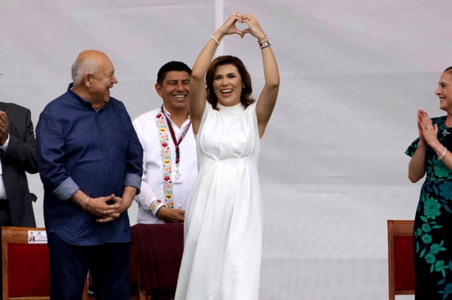 The Governor of the State of Baja California, Marina del Pilar Avila Olmeda with the wife of the President of Mexico, Andres Manuel Lopez Obrador, Beatriz Gutierrez, at the celebration of the fifth anniversary of his election as President at an event in the Zocalo in Mexico City. on July 1, 2023 in Mexico City, Mexico.