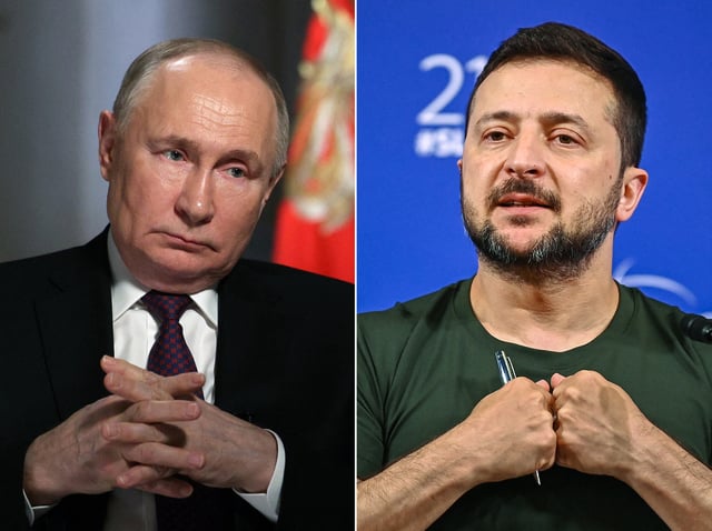 This combination of pictures created on May 12, 2025 shows a pool photograph distributed by Russia&#39;s state agency Sputnik bearing Russian President Vladimir Putin during an interview to RIA Novosti news agency at the Kremlin in Moscow on March 12, 2024 and a picture of Ukraine&#39;s President Volodymyr Zelensky during the 21st Shangri-La Dialogue summit at the Shangri-La Hotel in Singapore on June 2, 2024.