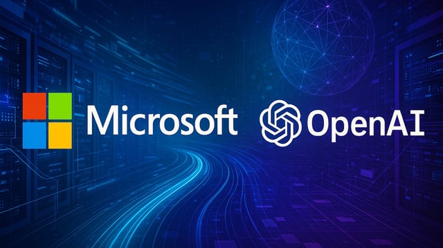 Auf dem Bild sind die Logos von OpenAI und Microsoft zu sehen.