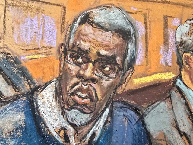 Sean "Diddy" Combs sits at the defense table as he listens to lawyer Marc Agnifilo speak during his sex trafficking trial in New York City, New York, U.S., May 9, 2025 in this courtroom sketch. REUTERS/Jane Rosenberg/File Photo