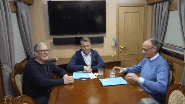 Sir Keir Starmer joined President Macron and Friedrich Merz on a night train to Kyiv for a security summit on Saturday