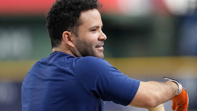 May 5, 2025; Milwaukee, Wisconsin, USA;  Houston Astros designated hitter Jose Altuve (27) looks on during batting practice prior to the game against the Milwaukee Brewers at American Family Field. Mandatory Credit: Jeff Hanisch-Imagn Images