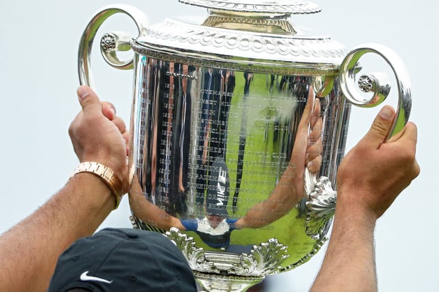 Brooks Koepka of the United States celebrates with the Wanamaker Trophy during the Trophy Presentation Ceremony after winning the final round of the 2019 PGA Championship at the Bethpage Black course on May 19, 2019 in Farmingdale, New York.