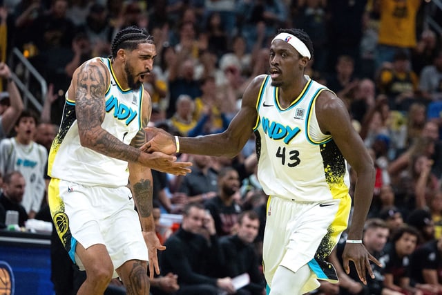 May 11, 2025; Indianapolis, Indiana, USA; Indiana Pacers forward Pascal Siakam (43) and forward Obi Toppin (1) celebrate a made basket during game four of the second round for the 2025 NBA Playoffs against the Cleveland Cavaliers at Gainbridge Fieldhouse. Mandatory Credit: Trevor Ruszkowski-Imagn Images