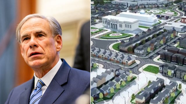 Left: Greg Abbott speaks during a bill signing in the State Capitol on April 23, 2025 in Austin, Texas. Right: concept art of EPIC city.