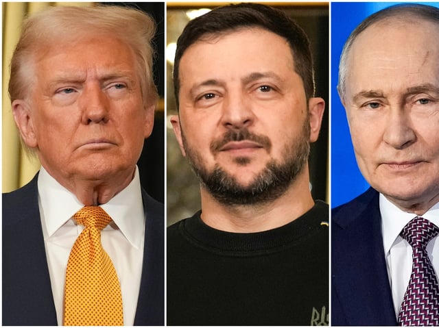 US-Präsident Donald Trump (l), der ukrainische Präsidenten Wolodymyr Selenskyj (m) und Russlands Präsident Wladimir Putin