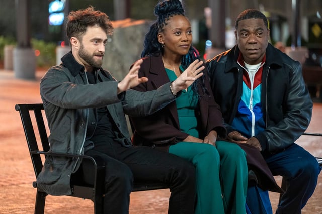 Daniel Radcliffe, Erika Alexander and Tracy Morgan in new NBC comedy "The Fall and Rise of Reggie Dinkins," which stars Morgan as a washed-up former football player.