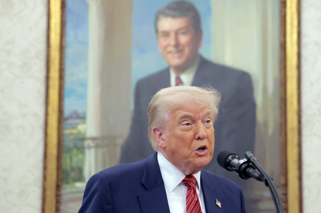 President Donald Trump speaks during a swearing-in ceremony for new U.S. Ambassador to China David Perdue in the Oval Office at the White House on May 07, 2025 in Washington, DC.