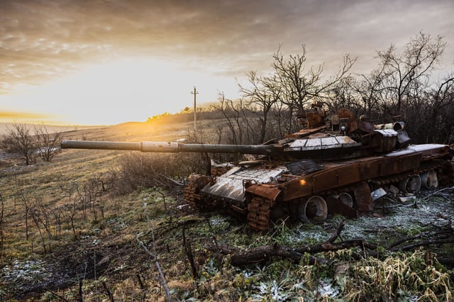 This illustrative image from December 20, 2022, shows a destroyed T-72 Russian tank in the village of Bohorodychne, eastern Ukraine.