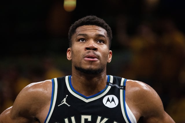 Apr 29, 2025; Indianapolis, Indiana, USA; Milwaukee Bucks forward Giannis Antetokounmpo (34) during game five of the first round for the 2024 NBA Playoffs against the Indiana Pacers at Gainbridge Fieldhouse. Mandatory Credit: Trevor Ruszkowski-Imagn Images/File Photo