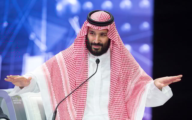 RIYADH, SAUDI ARABIA - OCTOBER 24: Crown Prince of Saudi Arabia Mohammad bin Salman speaks during the second day of 'The Future Investment Initiative also known as an annual investment forum "Davos in the Desert" on October 24, 2018 in Riyadh, Saudi Arabia. (Photo by Bandar Algaloud / Saudi Kingdom Council / Handout/Anadolu Agency/Getty Images)