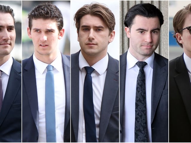 A composite image of five photographs show former members of Canada's 2018 World Juniors hockey team, left to right, Alex Formenton, Cal Foote, Michael McLeod, Dillon Dube and Carter Hart as they individually arrived to court in London, Ont., Wednesday, April 30, 2025.