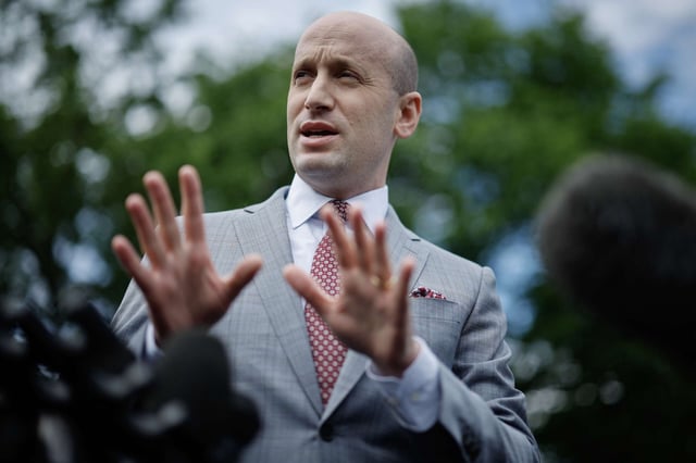White House Deputy Chief of Staff Stephen Miller talks to reporters outside of the White House West Wing on May 9, 2025, in Washington, D.C. Miller talked about recent federal court rulings on immigration, calling them part of a "judicial coup" against the administration of President Donald Trump.