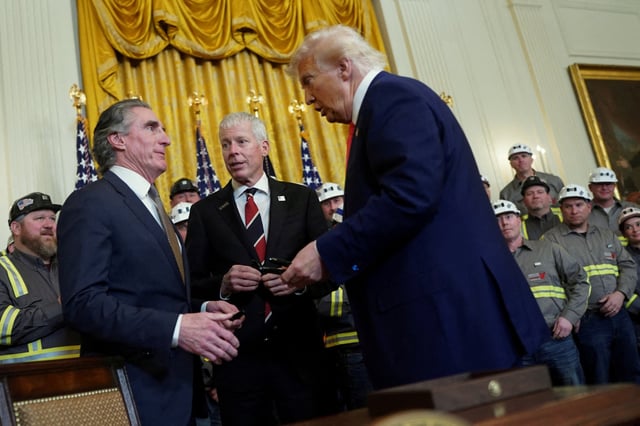U.S. President Donald Trump talks to Secretary of the Interior Doug Burgum and Secretary of Energy Chris Wright after he signed energy-related executive orders, at the White House in Washington, D.C., U.S., April 8, 2025. REUTERS/Nathan Howard/File Photo