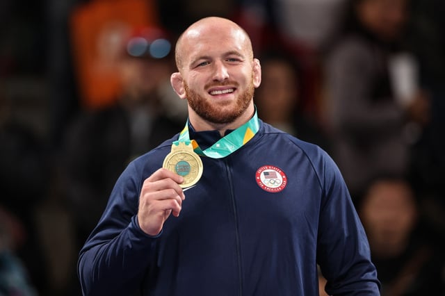Kyle Snyder of Team USA, stands at the podium with his medal during Wrestling - Men’s Freestyle 97Kg Final at Centro de Entrenamiento Olimpico on Day 12 of Santiago 2023 Pan Am Games on November 01, 2023 in Santiago, Chile. (Photo by Ezra Shaw/Getty Images)