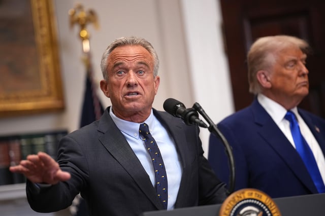 WASHINGTON, DC - MAY 12: U.S. Health and Human Services Secretary Robert F. Kennedy Jr. speaks alongside President Donald Trump during a press conference in the Roosevelt Room of the White House on May 12, 2025, in Washington, DC.