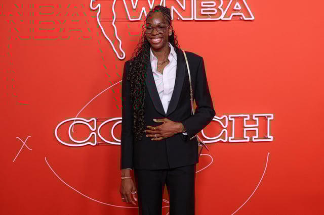 Apr 14, 2025; New York, New York, USA; Dominique Malonga on the orange carpet before the 2025 WNBA Draft at The Shed at Hudson Yards. Mandatory Credit: Vincent Carchietta-Imagn Images/File Photo
