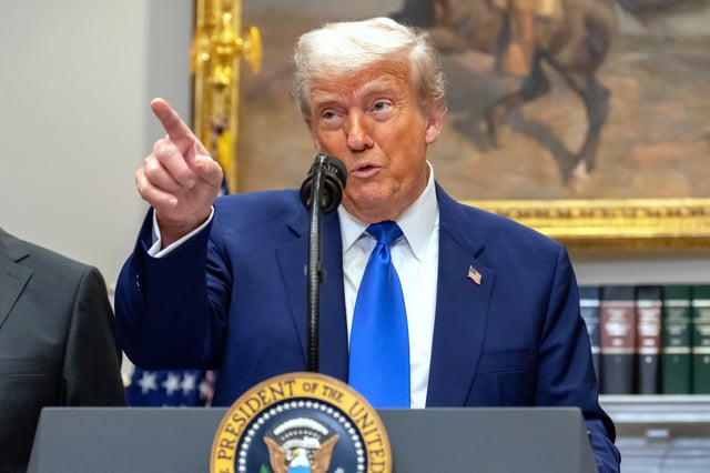 President Donald Trump gestures while answering a reporter's question during an event in the Roosevelt Room at the White House, Monday, May 12, 2025, in Washington. (AP Photo/Mark Schiefelbein)