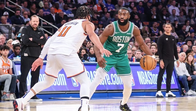 May 10, 2025; New York, New York, USA; Boston Celtics guard Jaylen Brown (7) looks to drive past New York Knicks guard Jalen Brunson (11) in the third quarter during game three of the second round for the 2025 NBA Playoffs at Madison Square Garden. Mandatory Credit: Wendell Cruz-Imagn Images