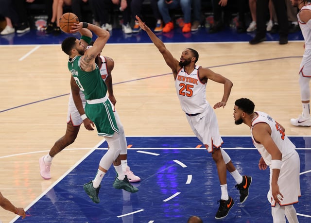 Jayson Tatum #0 of the Boston Celtics shoots against Mikal Bridges #25 of the New York Knicks during game Three of the Eastern Conference Second Round NBA Playoffs at Madison Square Garden on May 10, 2025 in New York City.