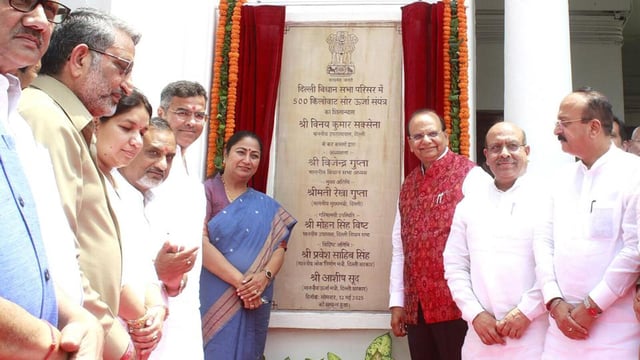 LG VK Saxena, Speaker Vijender Gupta, CM Rekha Gupta, and ministers Parvesh Verma and Ashish Sood Monday. (Sanjeev Verma/HT Photo)
