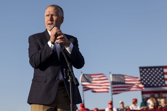 Republican U.S. Senate candidate Sen. Thom Tillis (R-NC) speaks to the crowd before President Donald Trump holds a campaign rally at the Hickory Regional Airport on November 1, 2020 in Hickory, North Carolina.
