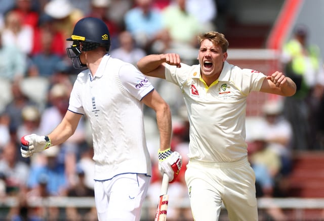 Cricket - Ashes - Fourth Test - England v Australia - Old Trafford Cricket Ground, Manchester, Britain - July 20, 2023 Australia's Cameron Green celebrates after taking the lbw wicket of England's Zak Crawley before it is overturned following a drs review Action Images via Reuters/Andrew Boyers/File Photo