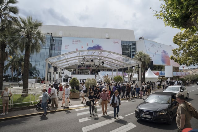 The Palais des festivals ahead of the 78th international film festival in Cannes, southern France, Sunday, May 11, 2025. The Cannes film festival runs from May 13 until May 24, 2025. (AP Photo/Lewis Joly)