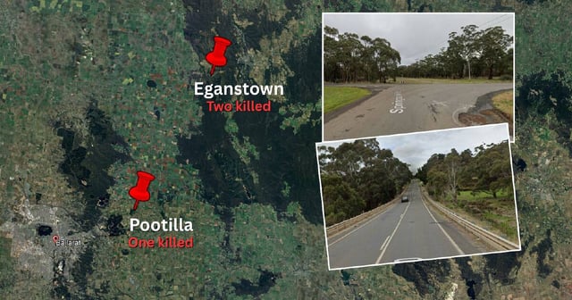 Three people have been killed in two separate crashes in Pootilla and Eganstown in the Ballarat region, in a horror few days. Two people have also been flown to hospital following the incidents. Google Maps