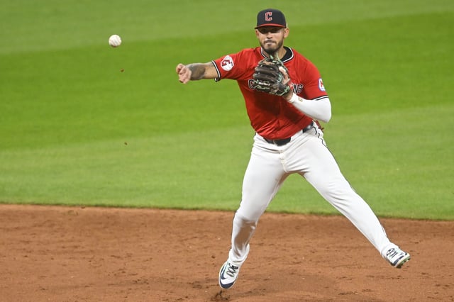 May 12, 2025; Cleveland, Ohio, USA; Cleveland Guardians shortstop Gabriel Arias (13) throws to first base in the ninth inning against the Milwaukee Brewers at Progressive Field. Mandatory Credit: David Richard-Imagn Images