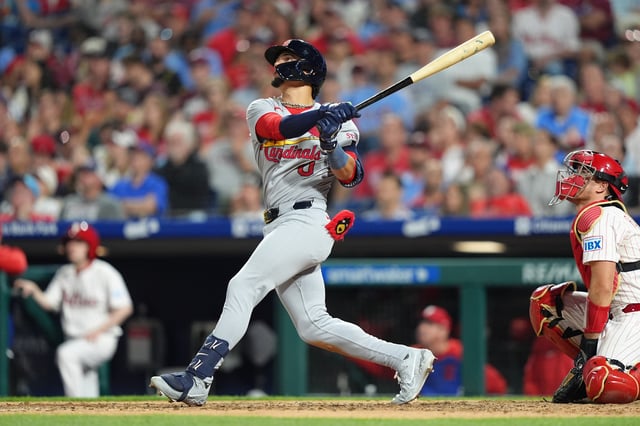 May 12, 2025; Philadelphia, Pennsylvania, USA; St. Louis Cardinals infielder Masyn Winn (0) hits a home run against the Philadelphia Phillies in the seventh inning at Citizens Bank Park. Mandatory Credit: Kyle Ross-Imagn Images