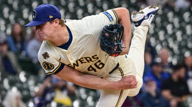 May 7, 2025; Milwaukee, Wisconsin, USA; Milwaukee Brewers starting pitcher Quinn Priester (46) throws a pitch in the first inning against the Houston Astros at American Family Field. Mandatory Credit: Benny Sieu-Imagn Images