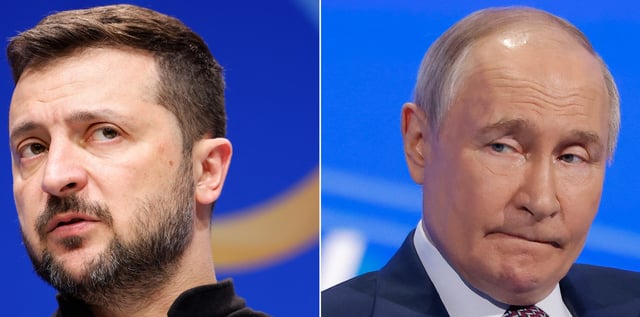 This combination of pictures created on May 12, 2025 shows Ukrainian President Volodymyr Zelensky (L) during a press conference with the German Chancellor during the Ukraine Recovery Conference in Berlin on June 11, 2024 and Russian President Vladimir Putin during the Congress of the Russian Union of Industrialists and Entrepreneurs in Moscow on March 18, 2025.
