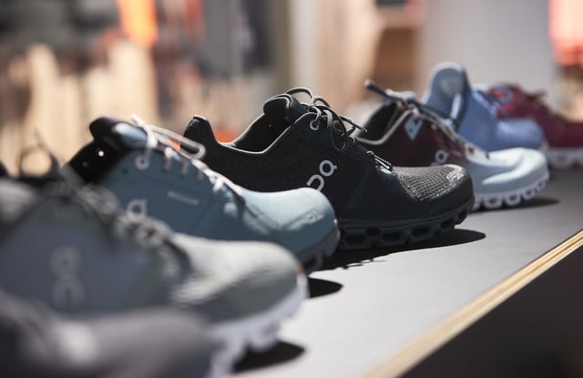 Shoes by ON (Run on Clouds), a shoemaker backed by Swiss tennis player Roger Federer, are pictured in the Swiss Sport Style shop ahead of the Initial Public Offering (IPO), in Lausanne, Switzerland, September 14, 2021. REUTERS/Denis Balibouse/File photo