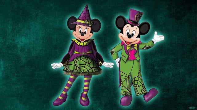 Mickey Mouse and Minnie Mouse will greet guests during Mickey&#39;s Not-So-Scary Halloween Party in their brand-new neon spiderweb attire in 2024. Guests can enjoy the party at Magic Kingdom Park starting Aug. 9 at Walt Disney World. (Walt Disney Co.)
