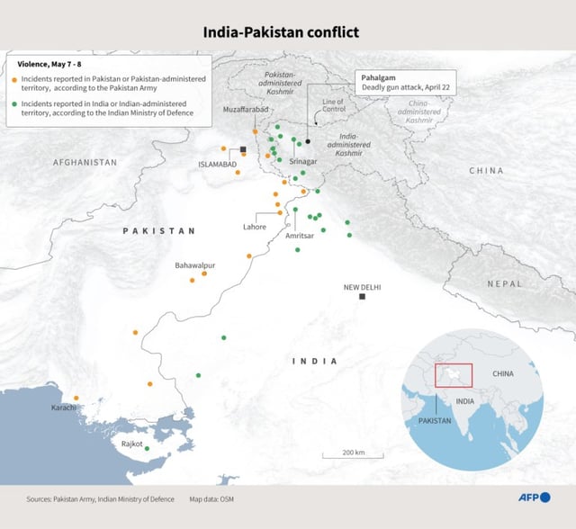 Updated map showing incidents of of violence on May 7th and 8th in the Kashmir region and in Pakistan and India, according to officials