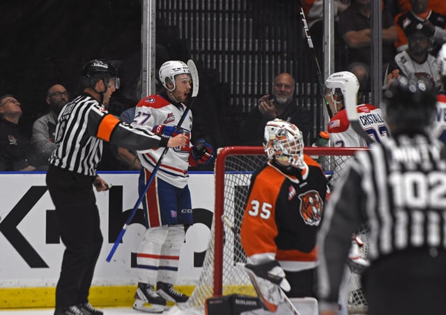 NEWS PHOTO JAMES TUBB Spokane Chiefs captain Berkly Catton celebrates his first period goal, his first of two goals on the night, as Spokane beat the Medicine Hat Tigers 6-2 Sunday at Co-op Place to win Game 2 of the WHL Championship series.